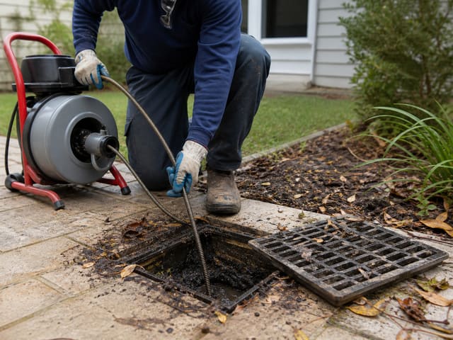 Technician cleaning and jetting a clogged French drain