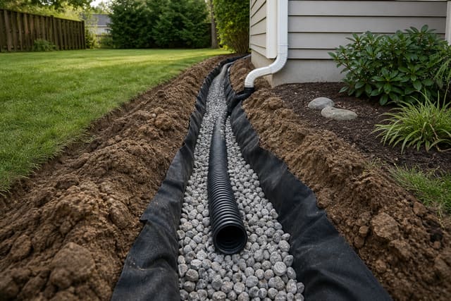 Exterior French drain trench with perforated pipe, gravel and landscape fabric along foundation